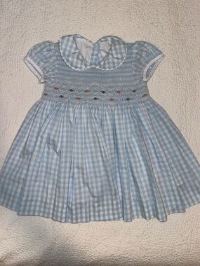 EUC TBBC Classic Blue Gingham Smocked Dress With Flowers Size 2T